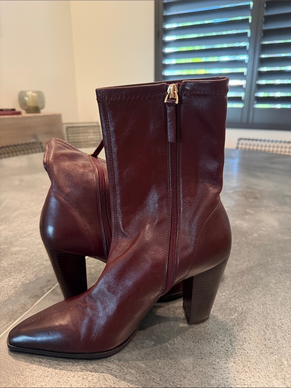 Zara Deep Burgundy Leather Block Heel Ankle Boots